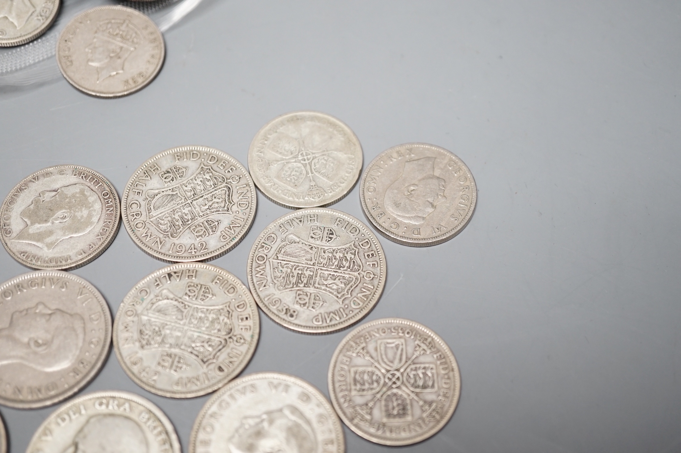 A 1976 French 50 Francs, and a collection of George V to QEII UK florins, shillings and threepence coins